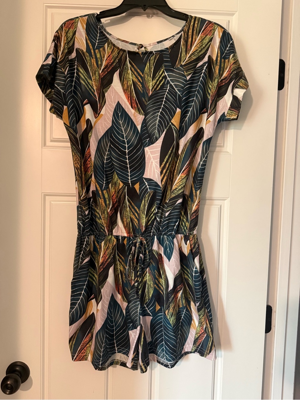 Tropical Leaf Print Short Sleeve Romper in Teal & Mustard